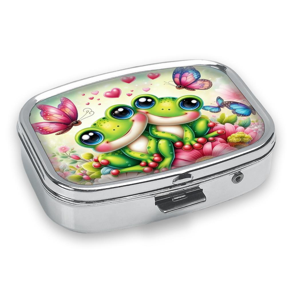 Portapillole Portatile con 2 Scomparti, Mini Custodia Organizer in Metallo per Medicine, Carino Contenitore Stampato per Pillole, Vitamine, Gioielli, Viaggio, Uso Quotidiano