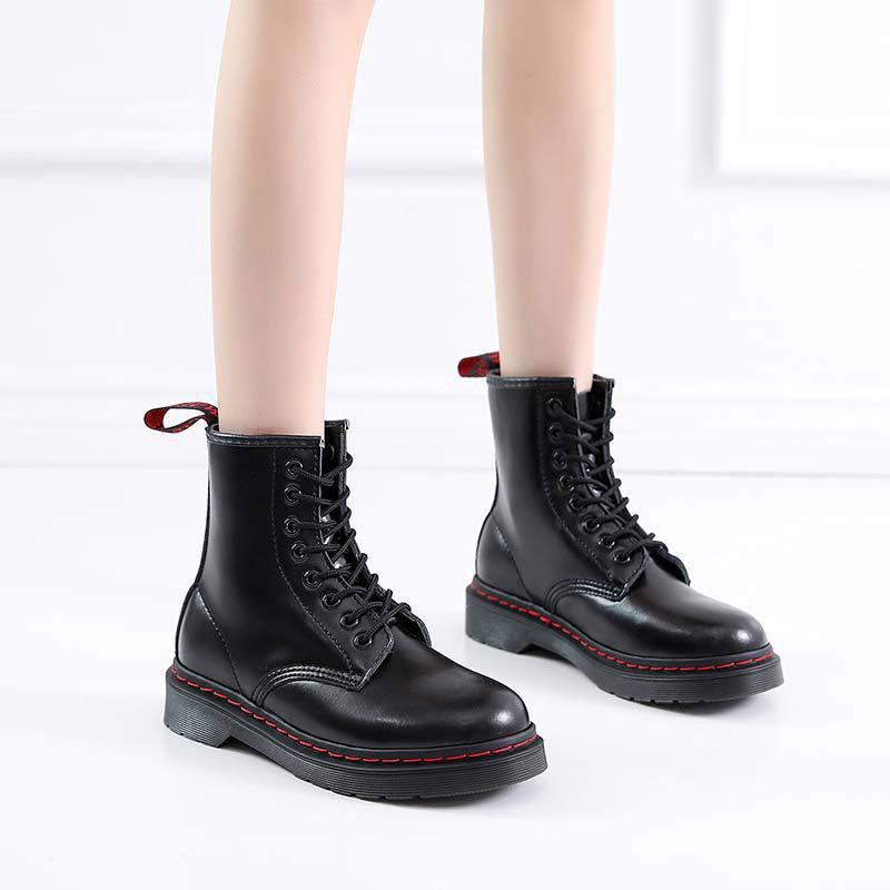 1460 Womens Mens Soft Leather Red Line Ankle Boots Round Toe Low Heel Lace Up Biker