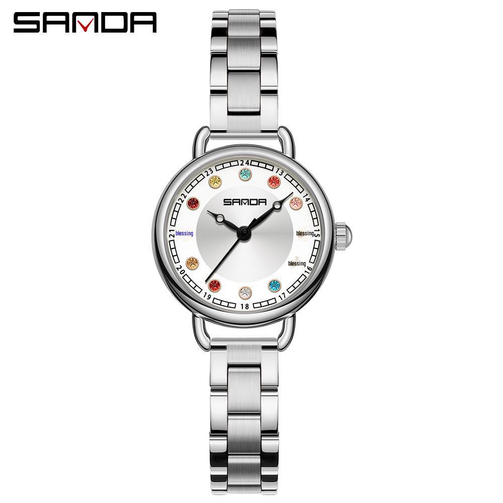Sanda Women's Retro Rhinestone Quartz Watch - Elegant Green Design