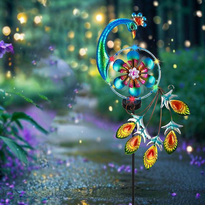 Solární zahradní spinner s pávím motivem - Kovový kinetický větrný spinner pro venkovní dekoraci, Ideální na terasu, trávník a zahradu