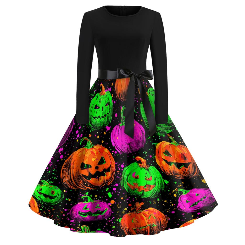 Women's Casual Vintage Halloween Dress Long Sleeve Round Neck Retro Print Fit and Flare Midi Dress with Waist Tie Belt