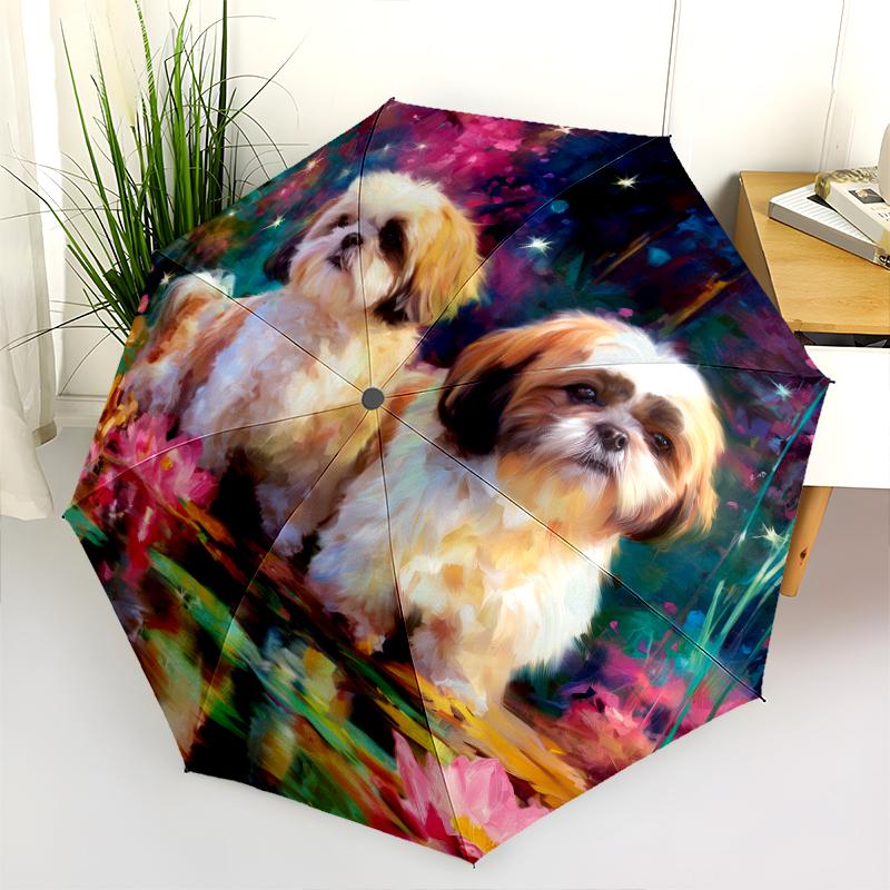 Shih Tzu and Flowers Pattern, Automatic Folding Umbrella, Portable and Foldable Design, 8 Ribs, a Christmas or Birthday Gift.