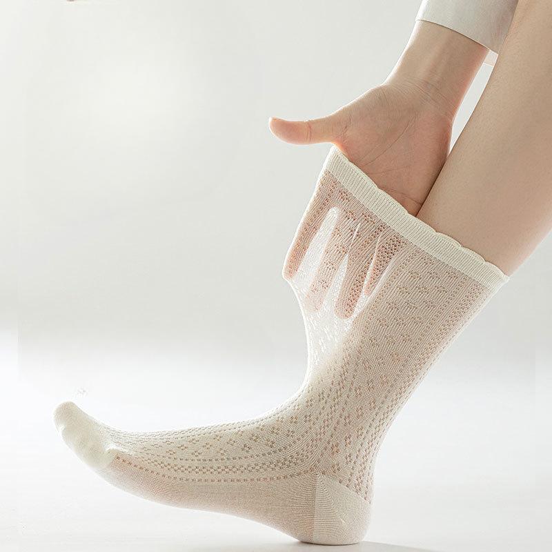 Summer Lace Black and White Pile Socks with Small Leather Shoes Ballet Style Socks for Women. Summer Thin Mid-calf Socks