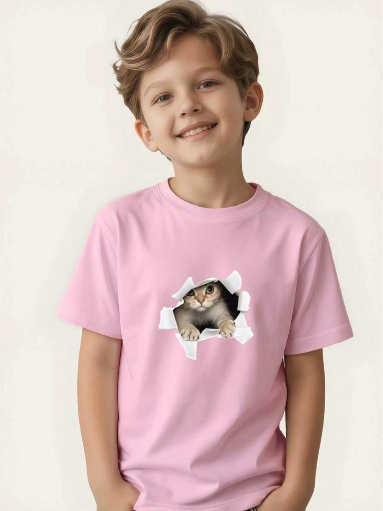 Boy's Simulated Cat Print Round Neck Short-sleeved Children's Summer Skin-friendly