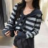 Autumn and Winter New Korean Version Loose Blue Striped Streamer Navy Neck Knitted Sweater Lazy Woman