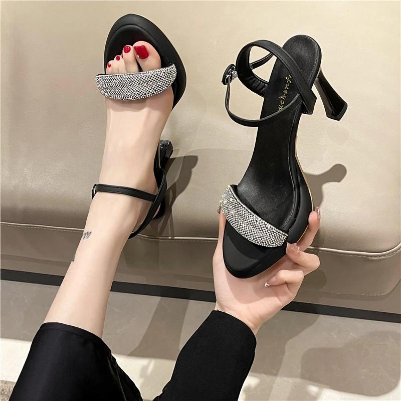 Women High Heels Sandals Shoes Woman 8cm Thin Heels Pumps Sandals Ladies Flock Solid Ankle Straps Casual Sexy Wedding Shoes
