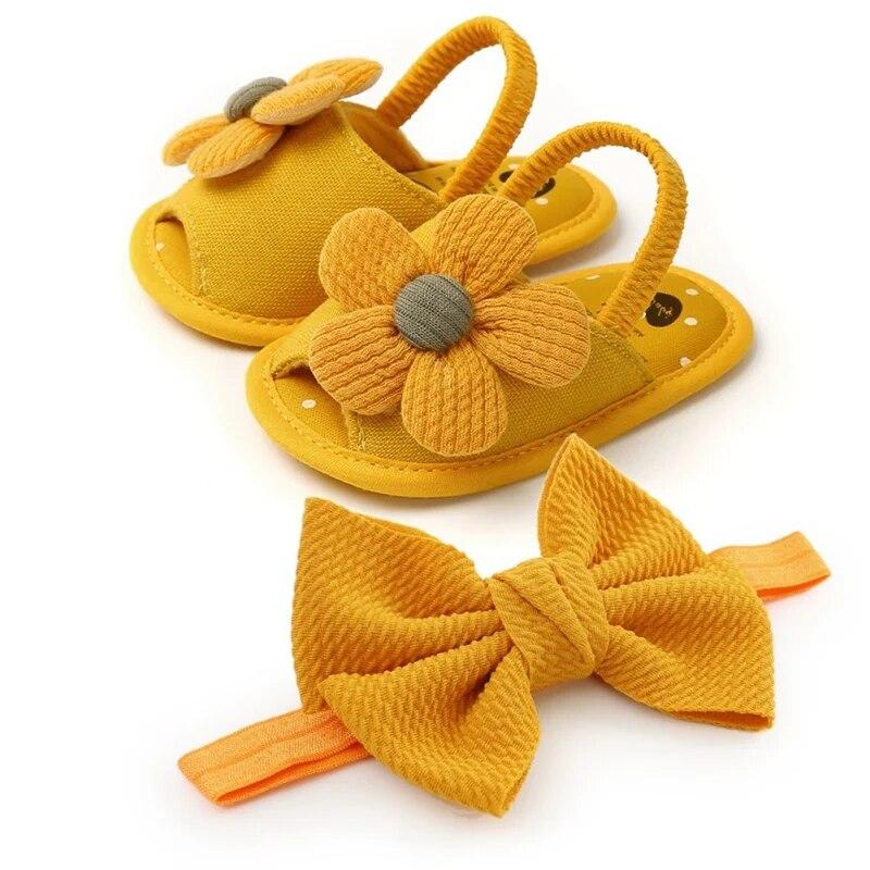 

Обувь для новорожденных девочек, дышащая противоскользящая летняя обувь с бантом, сандалии + повязка на голову, 0–18 месяцев S