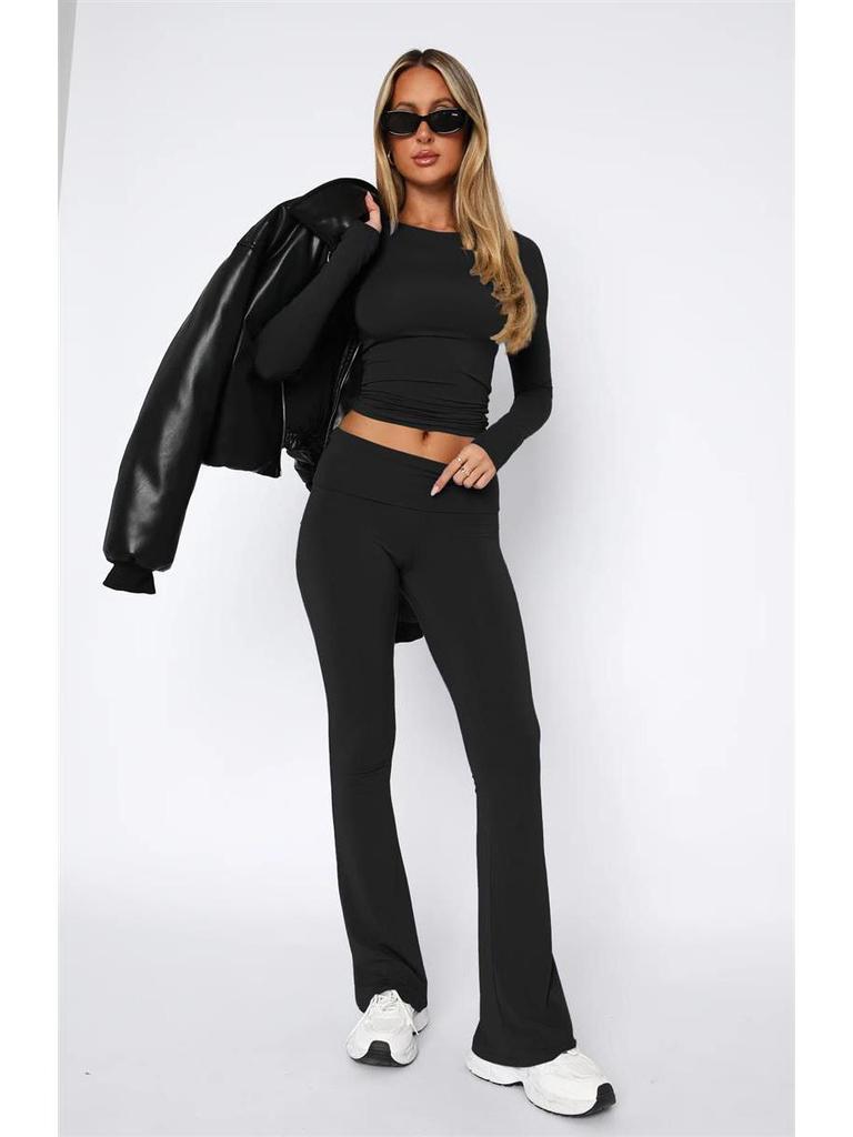 2024 Euro-American Women's Fashion Long Sleeve Pullover & Slim Fit Flared Pants Set