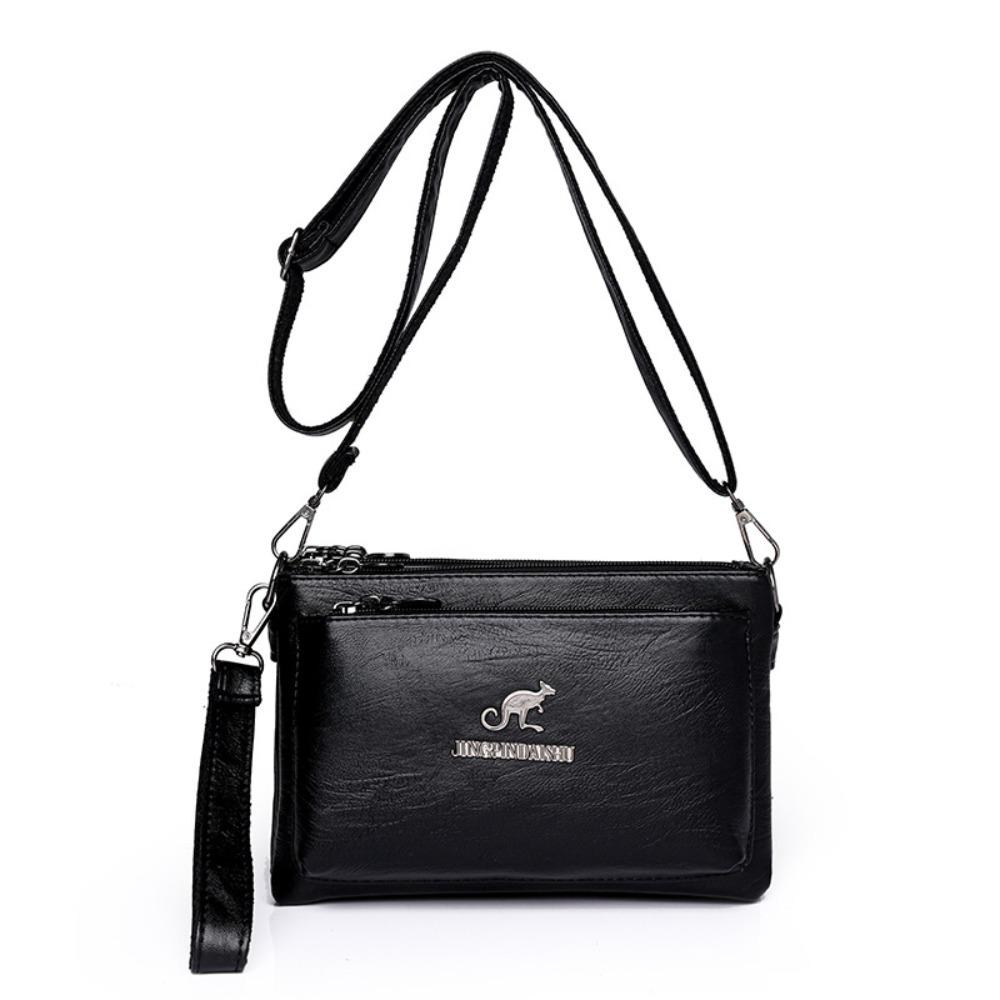 Retro Multiple Zip Pockets Shoulder Bag Soft Square Phone Bag PU Leather Crossbody Bag  Elderly