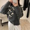 DIMANAF 2025 Flower Sweaters Cardigan Embroidered Flowers Autumn Women Print O-Neck Sweaters Knitting Loose Pink Sweater
