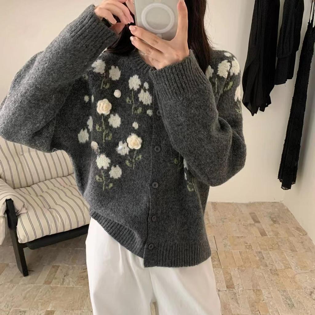 DIMANAF 2025 Flower Sweaters Cardigan Embroidered Flowers Autumn Women Print O-Neck Sweaters Knitting Loose Pink Sweater