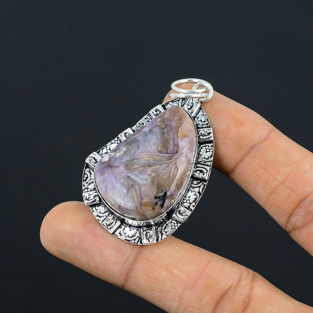 925 Silver Charoite Gemstone Bezel Birthday Sister Engagement Wedding Pendant