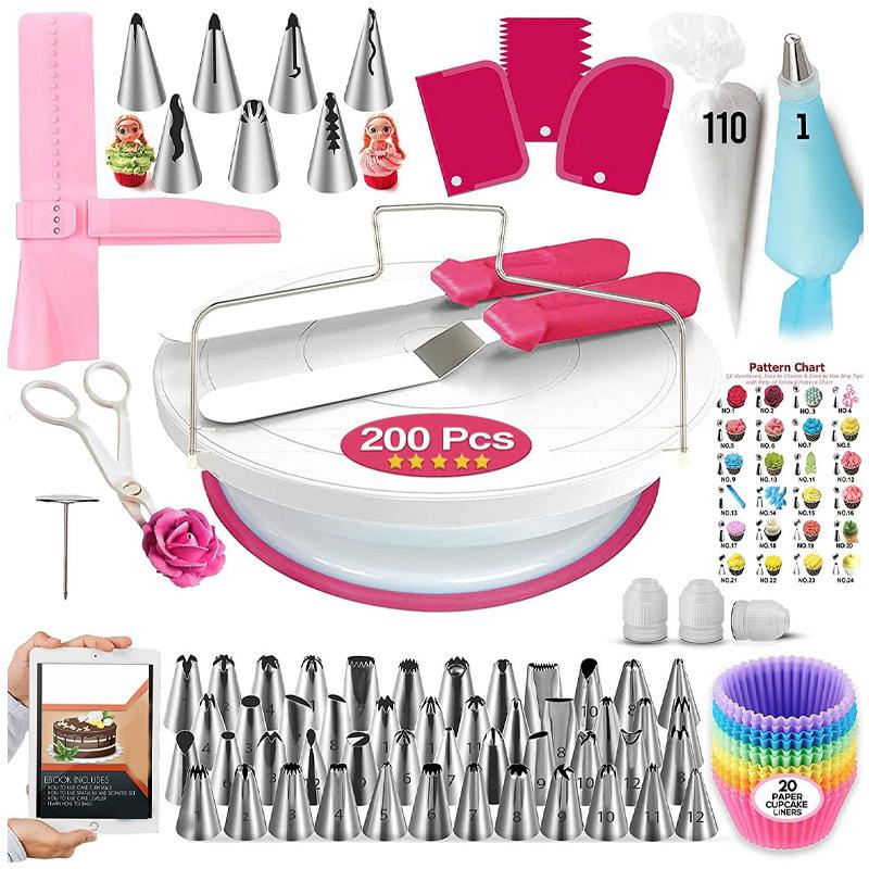 200 Pcs Cake Decorating Supplies Set, Icing Tips & Piping Bags, Disposable Cupcake Liners, Baking Turntable Kit