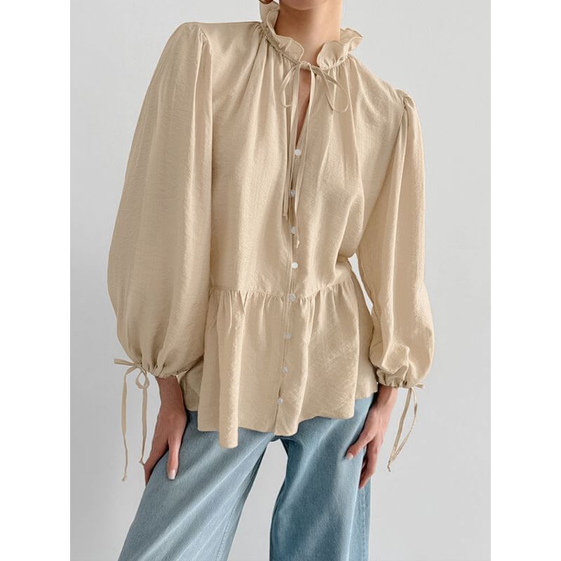 

Fashion Blouses Puff Sleeves Shoelace 2025 Summer Casual Tops Loose Khaki S