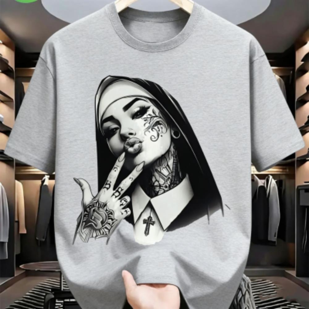 Tattooed Nun Graphic Print Men's T-shirt Summer Fashion Casual Loose Short Sleeves Men's and Women's Tees Top
