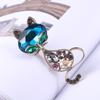 Vintage Sapphire Cat Brooch Cute Animal Pin Alloy Diamond Brooch Suit Accessories