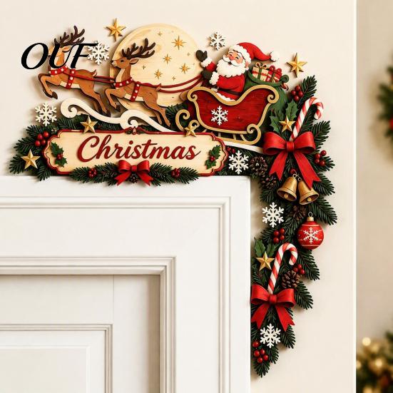 Rustic Holiday Home Accents Christmas Door Topper, Funny Santa Claus Reindeer Sleigh Frame Seasonal Decorative Corner Piece Sign, Wooden Decor