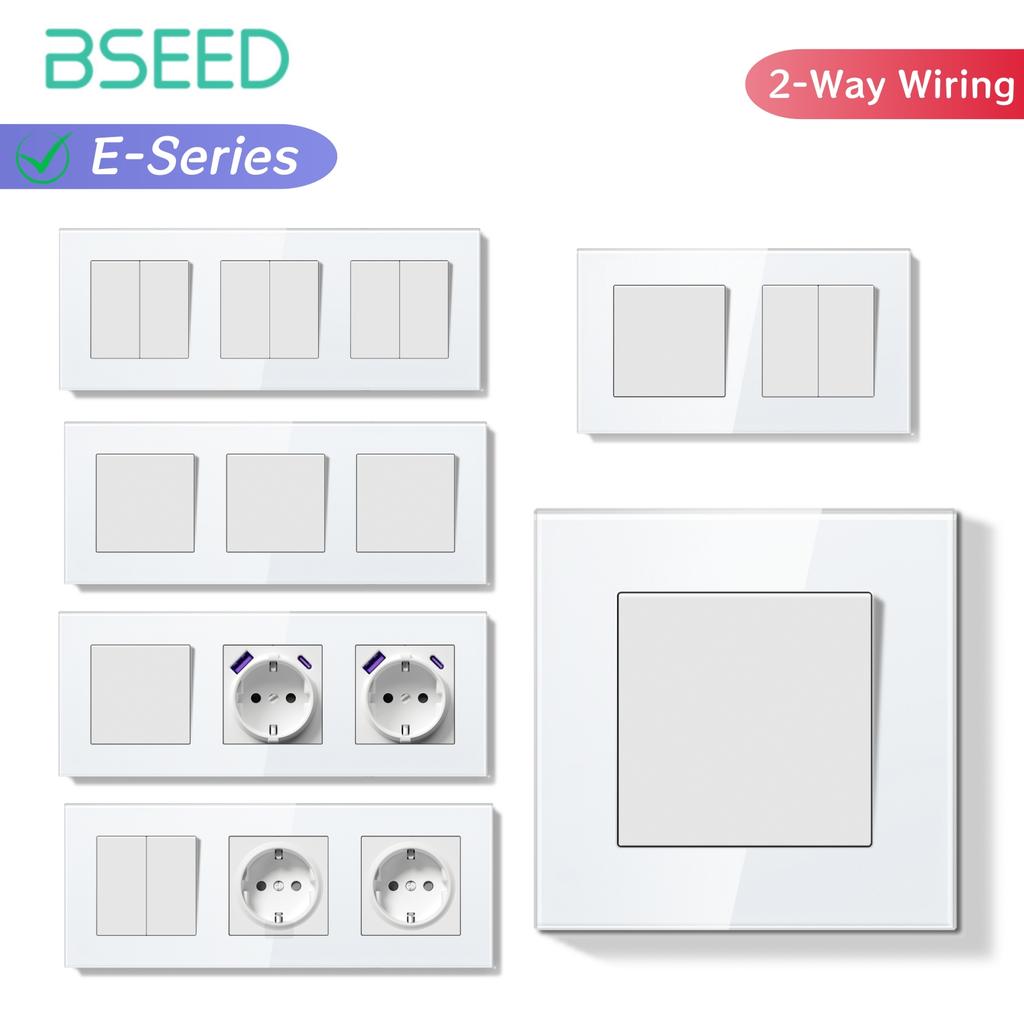BSEED Switch Light Switch White Glass Frame Wall Power Sockets USB-C Phone Charge E-Series EU Standard 2 Way