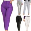 High Waist Pleated Pockets Ninth-Length Women Trousers Solid Color Straight Leg Suit Pants