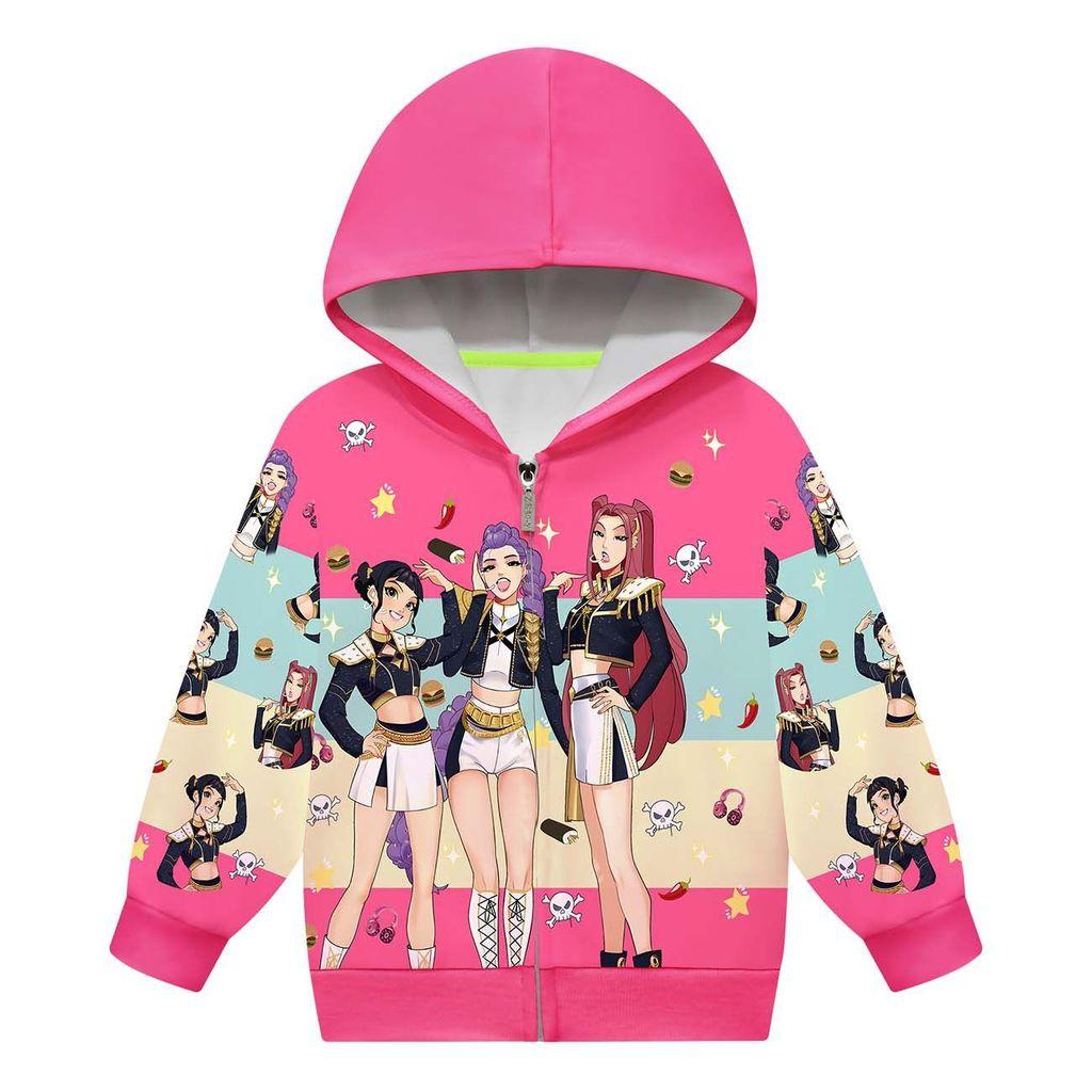 Kids Girls POP Singer Rumi Zoey Mira Printed Casual Hooded Zipper Long Sleeves Jacket Coat