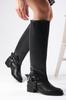 Women Modern Stylish Fashion Boots Boots Faux Leather Brielle Black Color Zipperless Thin Faux Fur Lined Biker Boots