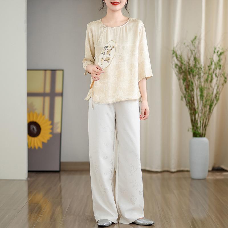1116 Spring and Summer New Chinese Style Printed Satin Crew Neck Shirt Tea Clothing Loose Shirt Literary Fan