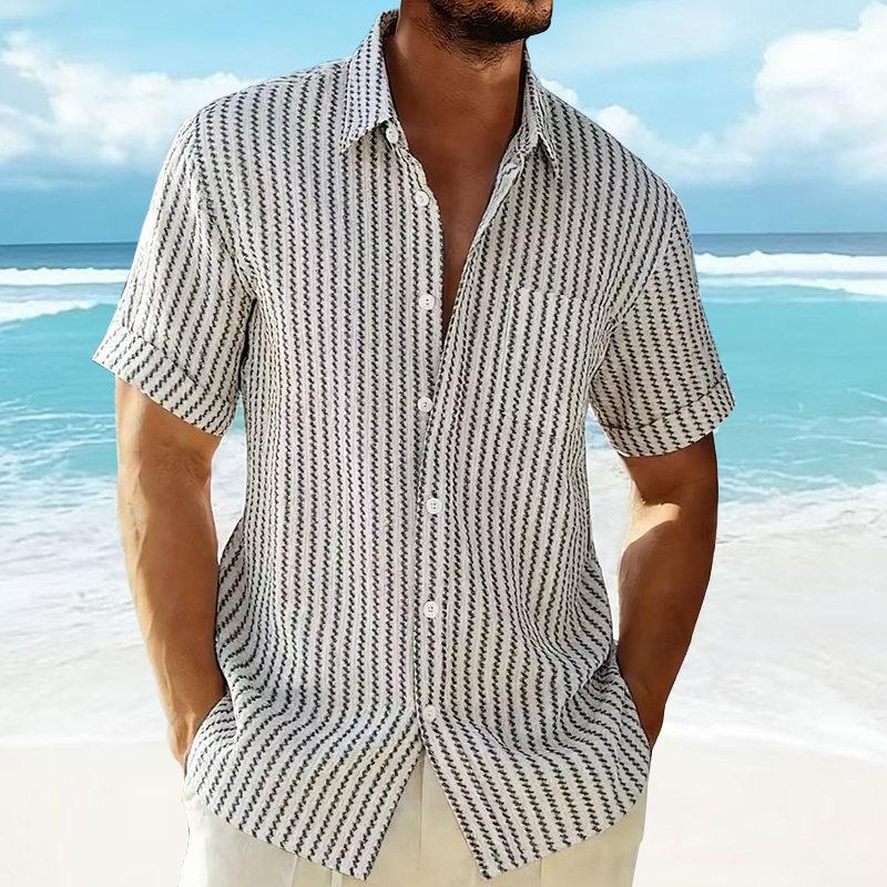 Men's Summer Casual Knitted Shirt Short Sleeve Striped Hawaiian Beach Top Fashionable Blouse