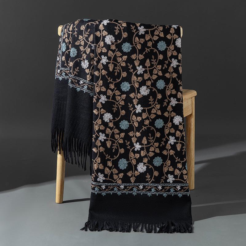 Xinjiang Embroidered Imitation Cashmere Scarf: Women’s Ethnic Style, Warm and Versatile with Tassels