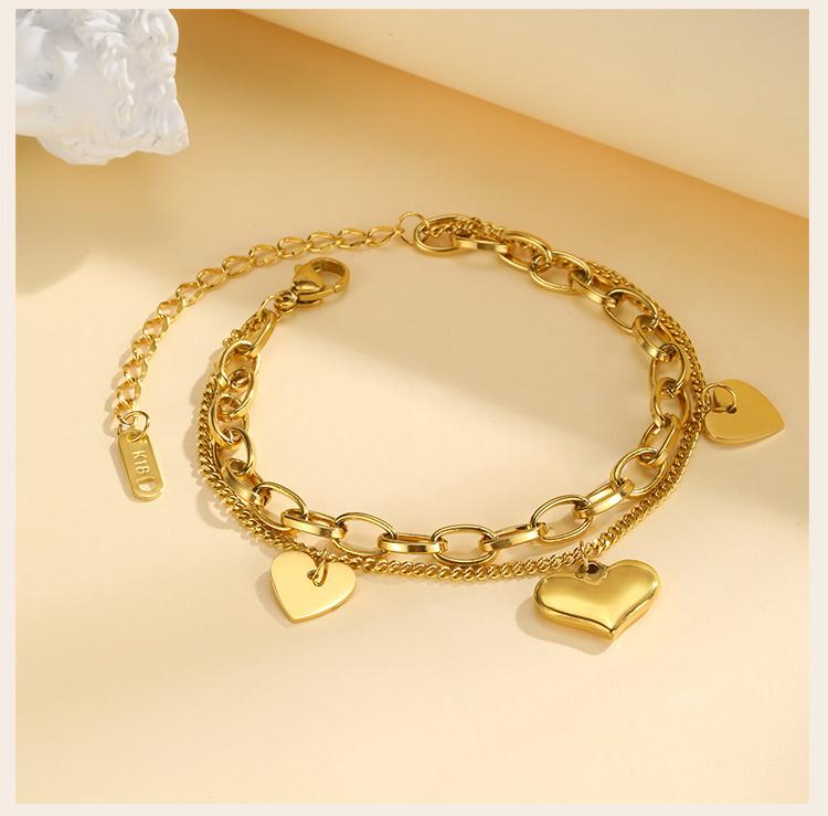 Double Layered Love Charms Heart Link Bracelet Woman, Stainless Steel Cuban Chain Adjustable, Waterproof Jewelry Hypoallergenic