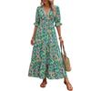 Women's Green Pink Abstract Print Tiered Maxi Dress, V Neck Half Puff Sleeve Smocked Waist Summer Casual Long Dress