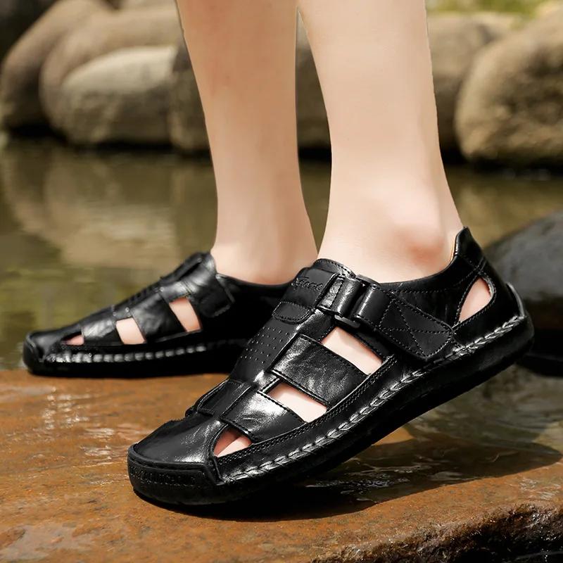 New Genuine Leather Men's Beach Large Size 38-48 Breathable Sandals Retro Handsewn Baotou Casual Fashion Handmade Shoes