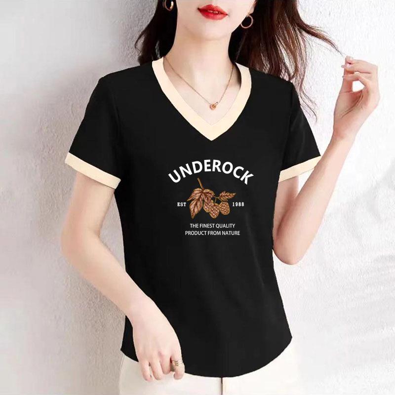 

2025 Women s Summer V-Neck Cotton T-Shirt: Korean Style, Straight Shoulder, Petite Fit, Short Sleeve XL [For 48-54 kg]