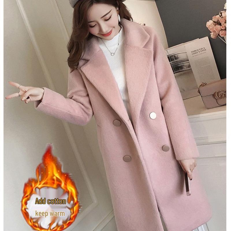 Korean Style Loose Fit Woolen Coat with Cotton Padding - Mid-Length & Slimming Design