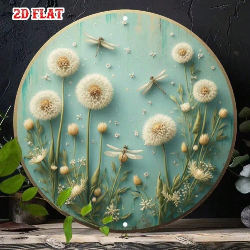 Vintage Dragonfly Wildflower Round Metal Wall Art, Rustic Aluminum Sign for Home Decor