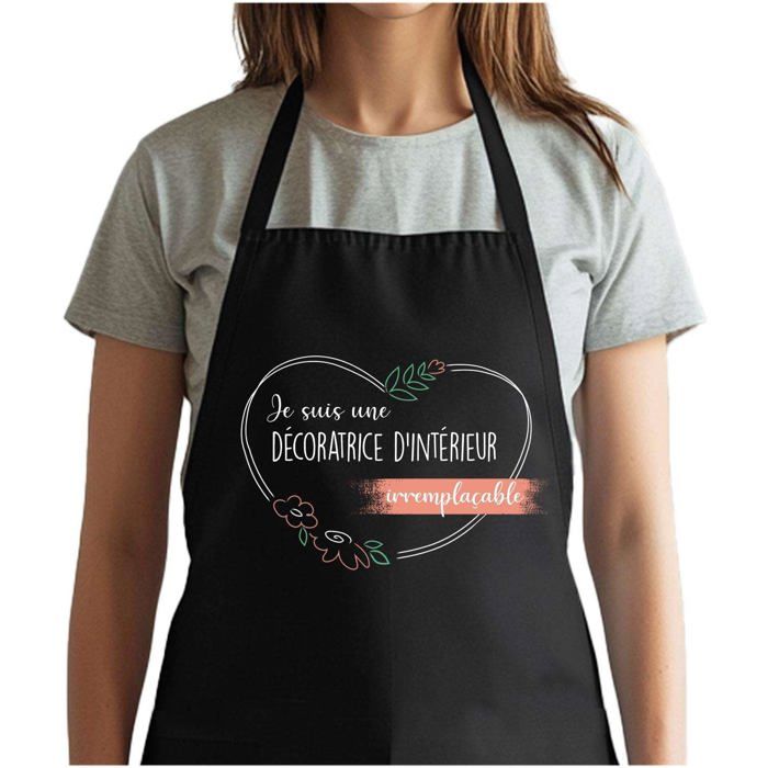 Tablier de cuisine - Décoratrice d'intérieur Irremplaçable Femme - Noir - Coton résistant - Impression bretonne