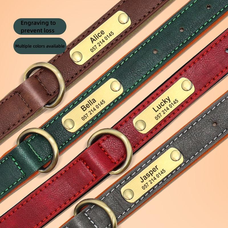 Customized ID Nameplate Dog Collar PU Leather Soft Padded Dog Collars Free Engraving Name for Small Medium Large Dogs Adjustable