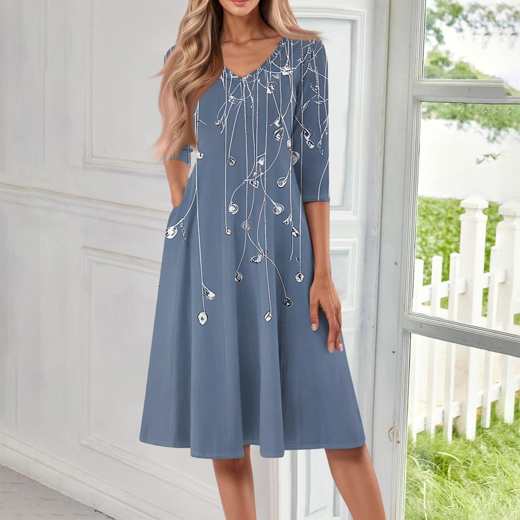 Women's Casual Fashion V Neck Three Quarter Sleeve Print Midi Dress