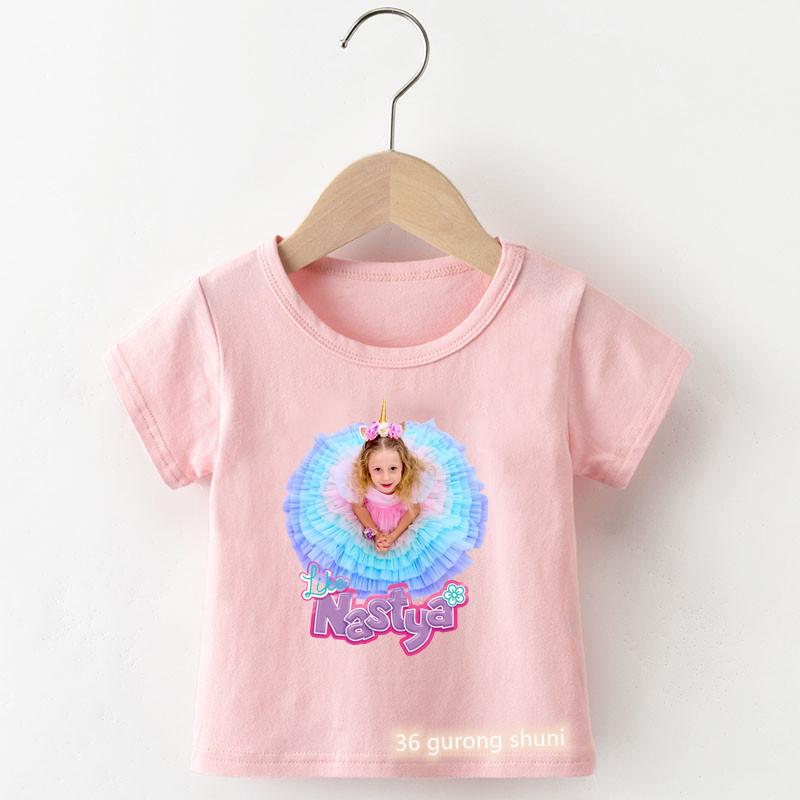 Nuova T-shirt Nastasja Girl Calda e Popolare, alla Moda Stampa Cartoon Estiva Rosa per Bambine