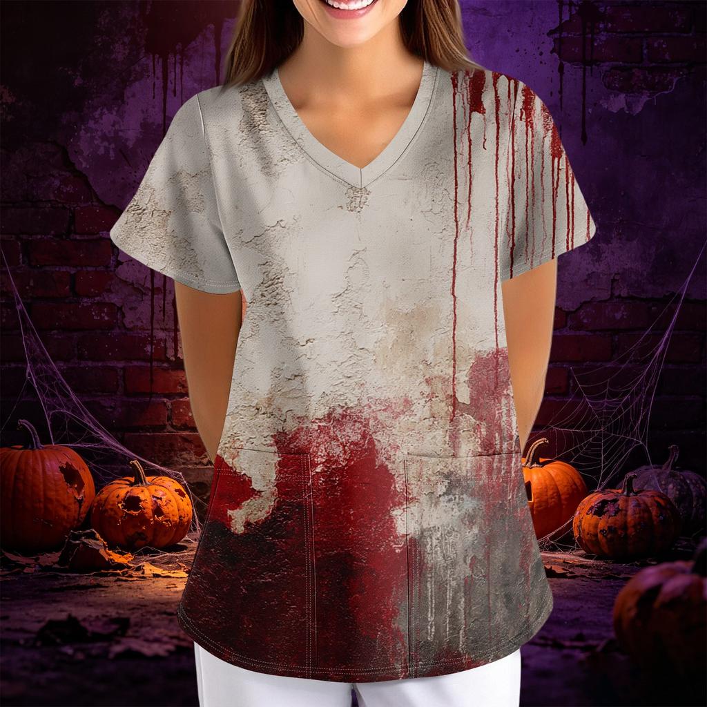 Women's Halloween Print Loose V-Neck Short Sleeve Pocket Uniform Top Scrub Costume Cosplay for Adult Women