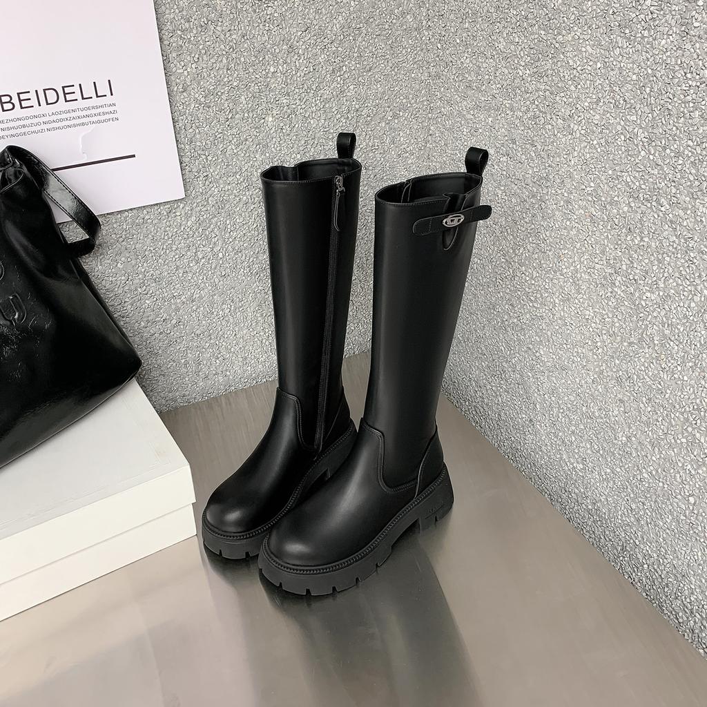Round head small gold buckle thick-soled versatile side zipper knight boots 2025 new temperament thin oblique thick heel boots