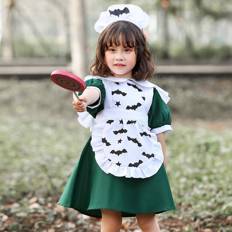 Girls Halloween Cosplay Costume Anime Maid Bat Print Green Party Dress Kids Performance Dancewear
