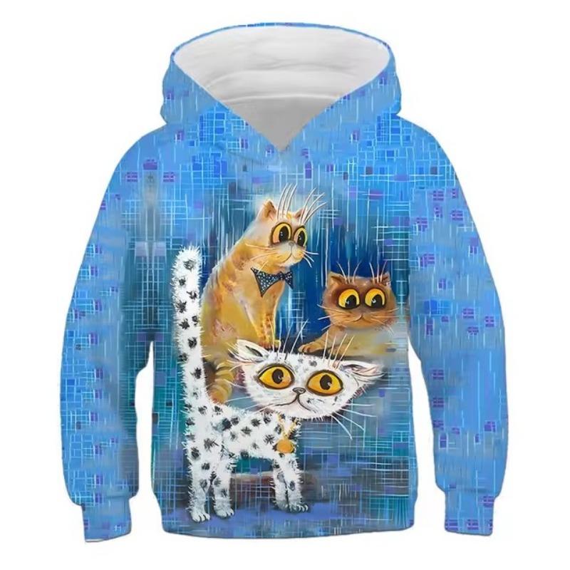 Hoodies Cute Kitten Flowers Print Girls Sweatshirt Stretch Comfortable Fit Long Sleeve Autumn Winter Pullover Tops Youth Kids