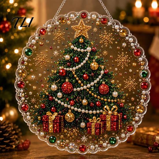 Transparent Acrylic Craft Decor Christmas DIY Faux Diamond Painting Hanging, Santa Wreath Pendant, Pearl Red Green Gifts Beads Kit for Wall