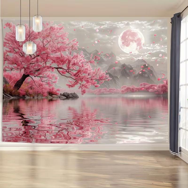 Pink Cherry Blossom Scenery Backdrop Japanese Style Lake Sakura Background for Wedding Photoshoot