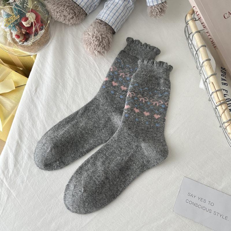 Fall/Winter Wool Socks - Fel Island Elk Warm Mid-Calf Socks - Bowknot Heart Retro Style Thick Socks - Children's