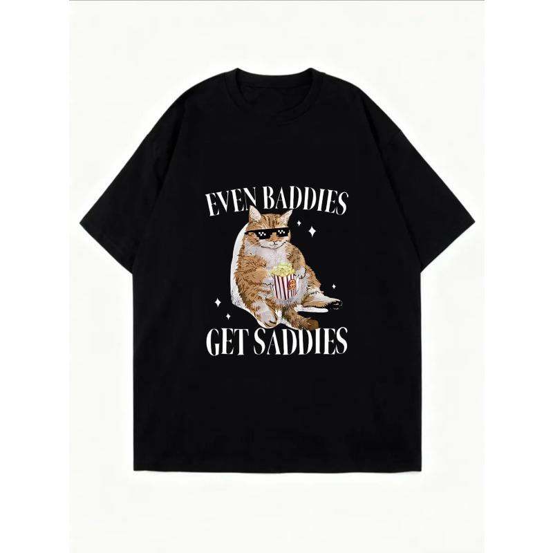 White Oversized T Shirt With Cat And Popcorn Print Even Baddies Get Saddies Text For Casual Wear And Everyday Outfits