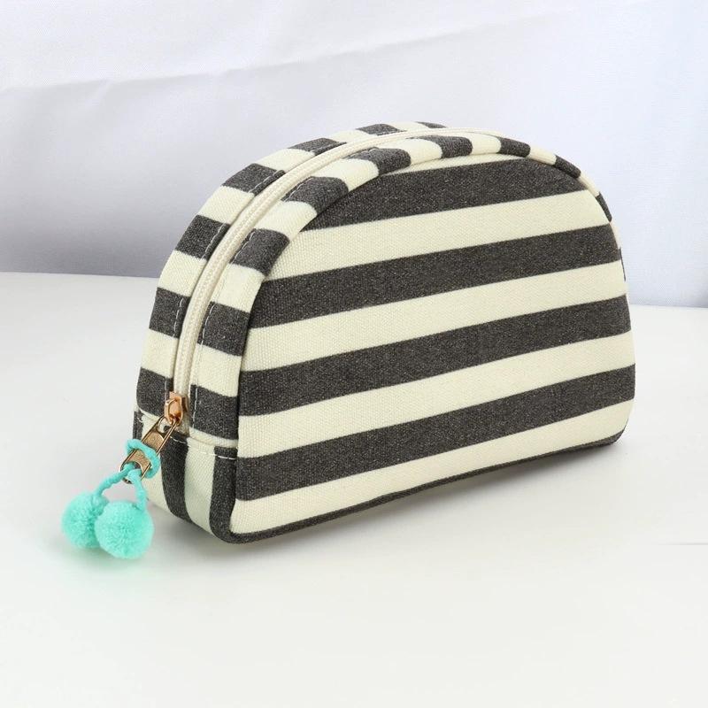 Personalized Embroidered Striped Pompon Cosmetic Bag Canvas Travel Toiletry Bag Shell Large-capacity Portable Outing