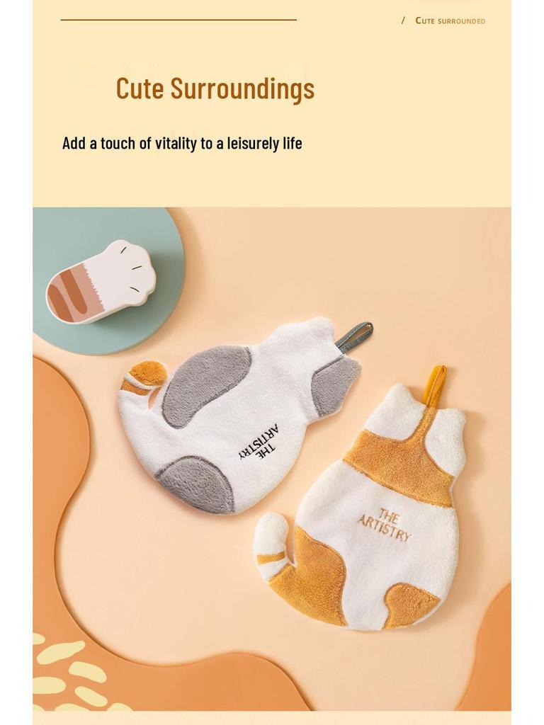 Prosop de mână drăguț pentru copii din fleece de coral cu pisică – Super absorbant, gros, cu agățătoare, lavetă pentru uz bucătărie