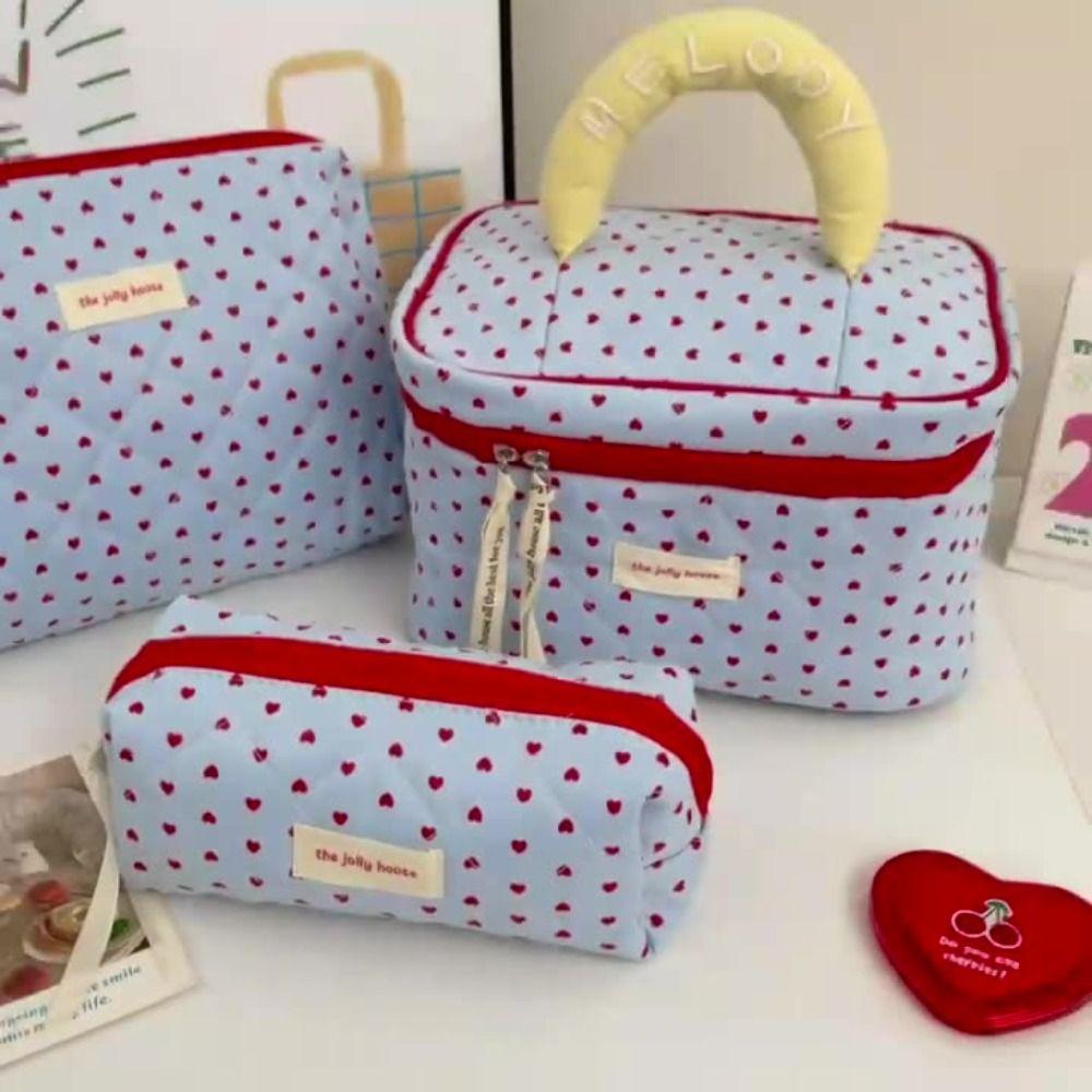 New Quilting Cotton Heart Cosmetic Bag Blue Multi-function Cosmetic Storage Bag Large Capacity Wash Bag Travel