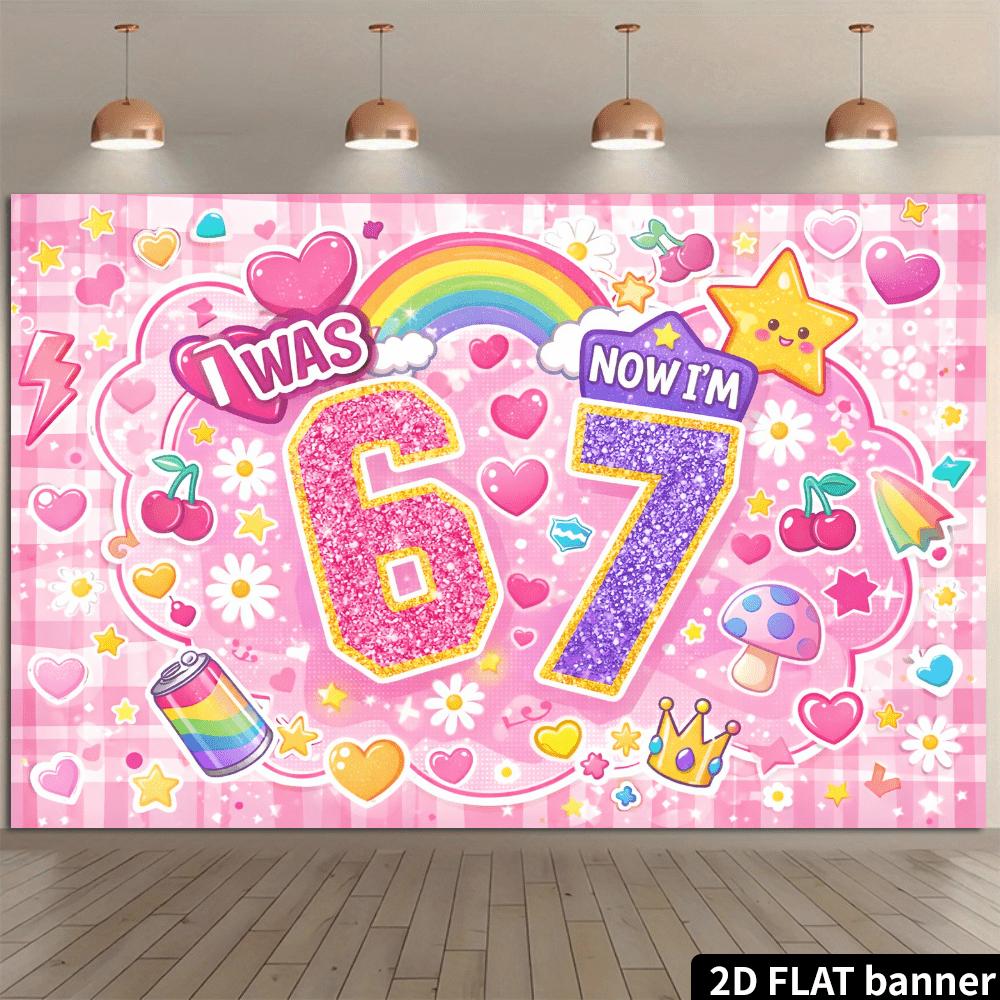 2D plane, 6 rotations, 7-year-old birthday party backdrop fabric, pink and purple glittering powder theme, polyester material